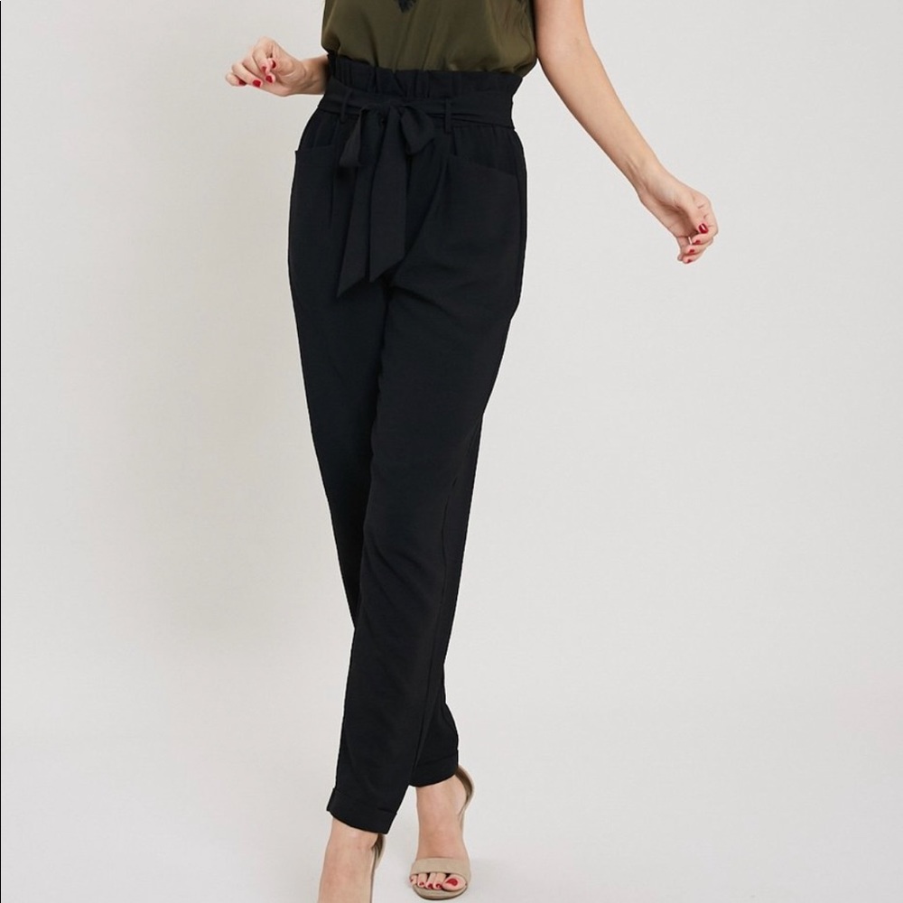 Cinched Waist Paper Bag Black Pants